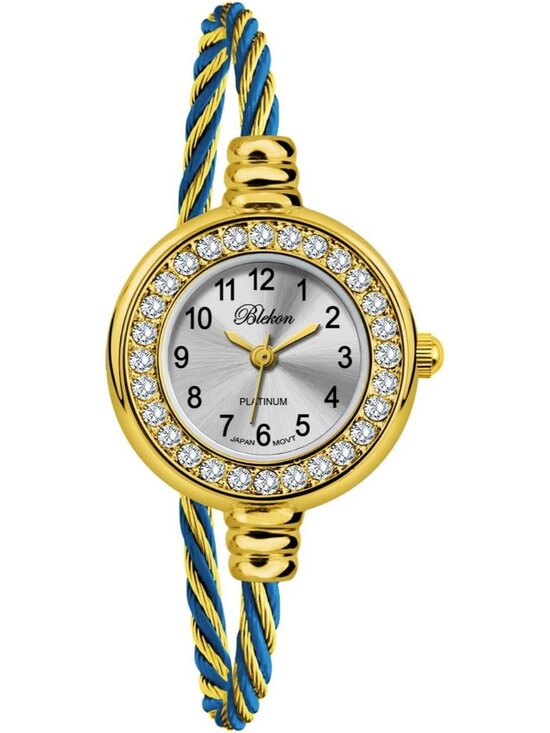 Women\'s Gold And Blue Analog Cable Cuff Arabic Numbers Rhinestone Bracelet Watch